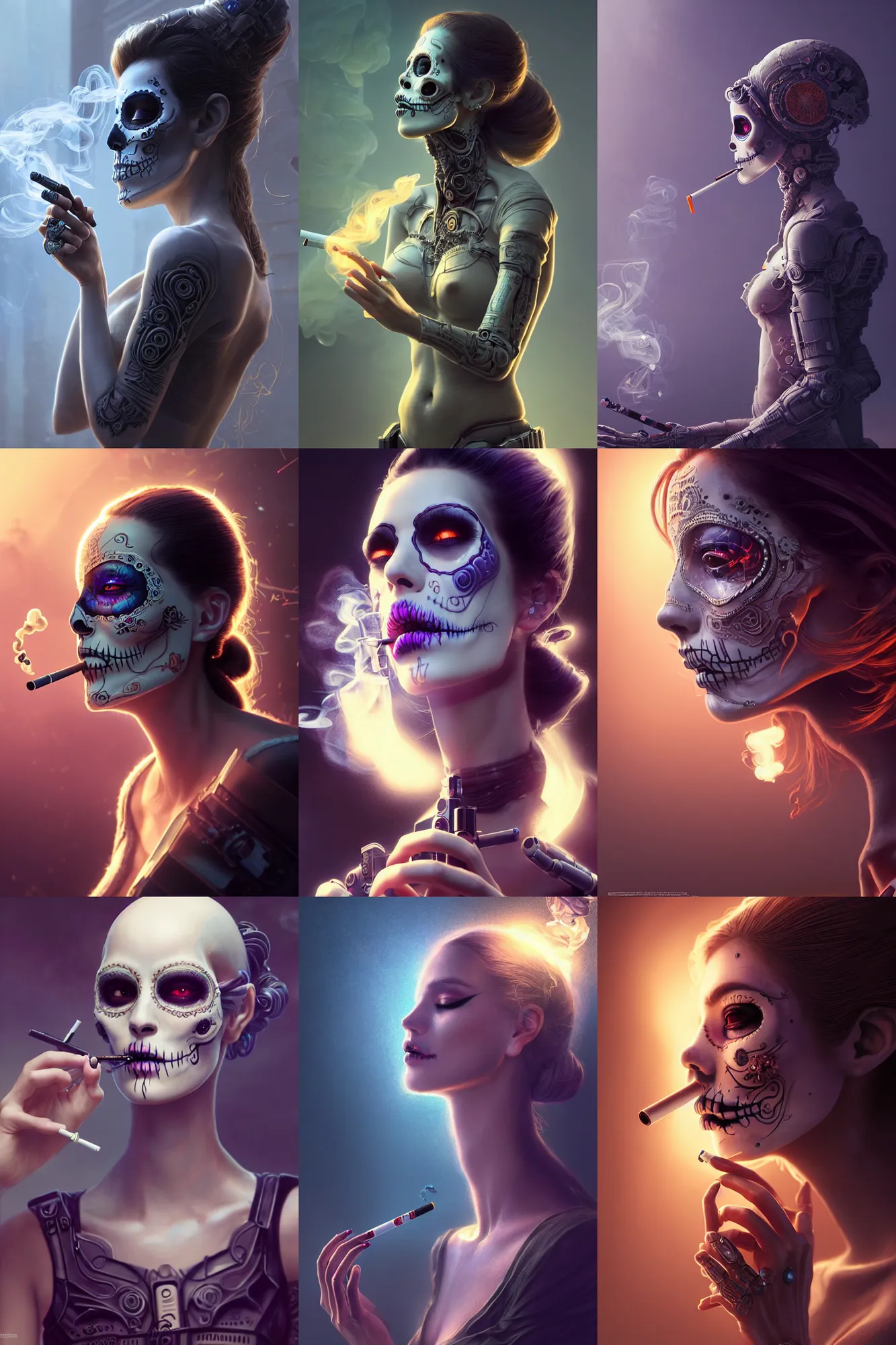 Prompt: ultra detailed, beautiful female android smoking a cigarette, scifi, fantasy, ( dia de los muertos ), cinematic, intricate detailed, global illumination, octane render, concept art. smoke, calm. photorealistic art by godmachine and michael welan and rossdraws and artgerm and greg rutkowski and wlop. 8 k, hdr