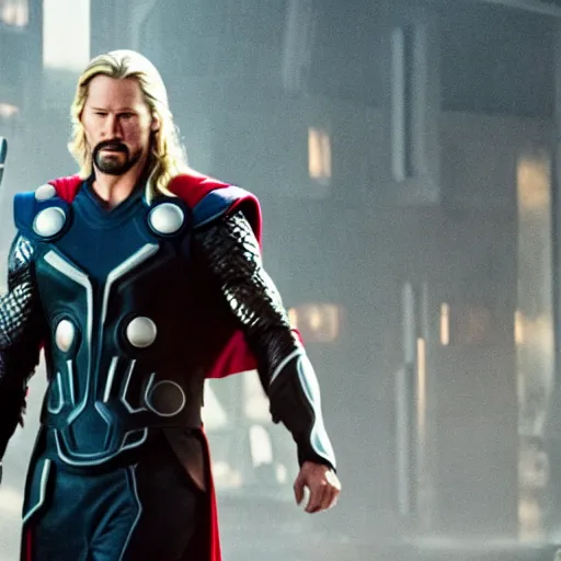 Image similar to film still of Keanu Reeves as Thor in Avengers Endgame