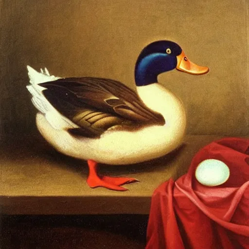 Prompt: renaissance oil painting of a duck eating a hard boiled egg