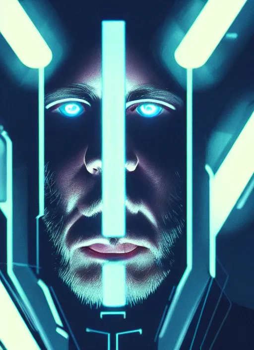 Image similar to symmetry!! 1 3 mm film portrait of bearded man, sci - fi -, cyberpunk, blade runner, glowing lights, tech, biotech, techwear!! intricate, elegant, highly detailed, digital painting, artstation, concept art, smooth, sharp focus, illustration, art by artgerm and greg rutkowski and alphonse mucha, grain, old photograph