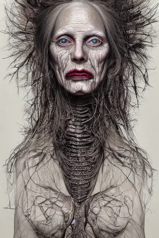 Image similar to Detailed maximalist portrait of a beautiful old woman with large lips and eyes, scared expression, botanical skeletal with extra flesh, HD mixed media, 3D collage, highly detailed and intricate, surreal illustration in the style of Jenny Saville , dark art, baroque, centred in image