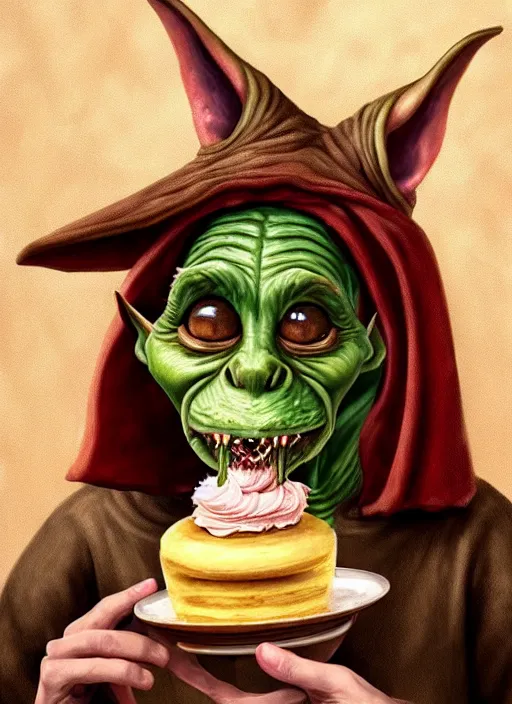 Image similar to portrait of a medieval goblin eating cakes in the cloisters beautiful face hyper realistic highly detailed digital painting artstation illustration co