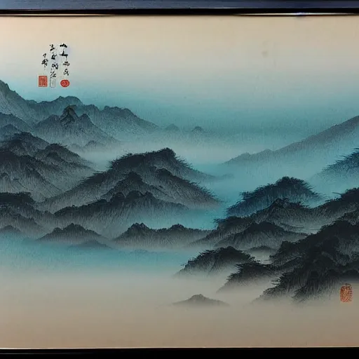 Prompt: cyan sky is waiting for foggy rain and i am waiting for you, chinese painting, 19:6 ratio