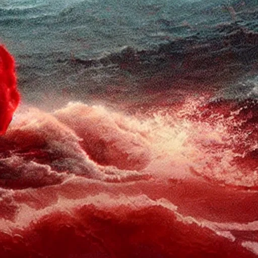 Image similar to anti - christ rising from a red ocean. ominous. vivid color detailed photograph from a 2 0 2 0 s blockbuster vfx horror movie. a capsized boat.