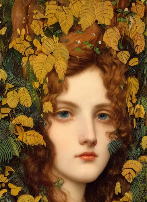 Image similar to masterpiece beautiful seductive flowing curves preraphaelite face portrait amongst leaves, extreme close up shot, straight bangs, thick set features, yellow ochre ornate medieval dress, magpie, amongst foliage mushroom forest circle arch framing, frederic leighton and kilian eng and rosetti, 4 k