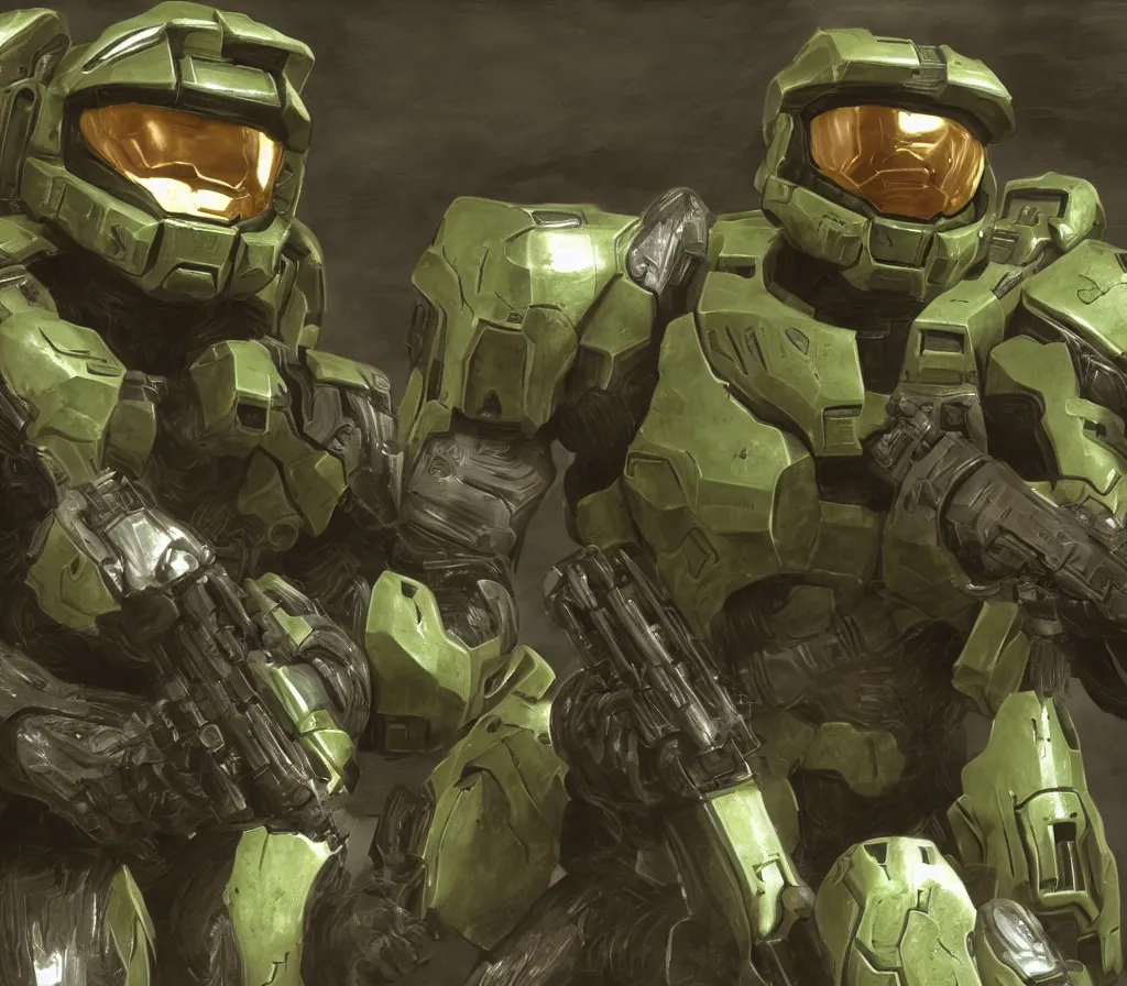 Image similar to Master Chief from Halo meeting Doomguy from Doom, cinematic, highly detailed, 4k