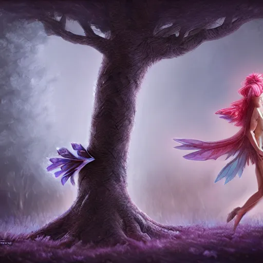 Image similar to a male fairy and a female fairy turn into a tree, highly detailed, digital painting, sharp focus, fantasy art, ultra realistic, 4 k