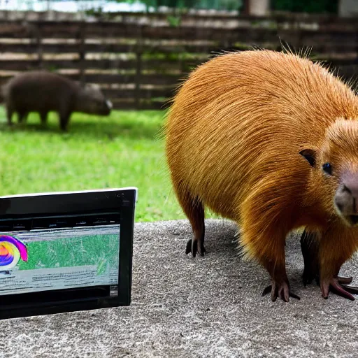 Image similar to a capybara in front of a computer holding a computer