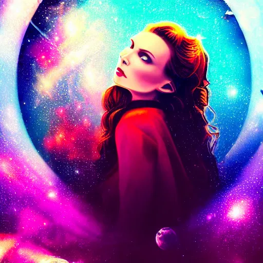 Image similar to a beautiful Scarlett witch, floating in space, neon, stars, galaxy, HDR, dreamscape, dramatic lighting, fantasy art illustration, trending on artstation, Aetherpunk