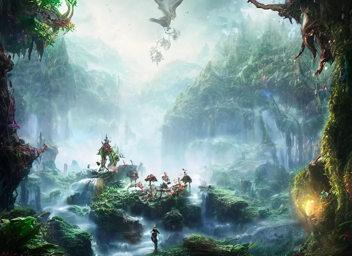 Prompt: magical enchanted elves on a humongous paradise biome, fantasy, hyper realism, wet reflections, intricate, digital art, detailed, studio shot, unreal engine 5, octane, high definition, smooth, artstation, behance