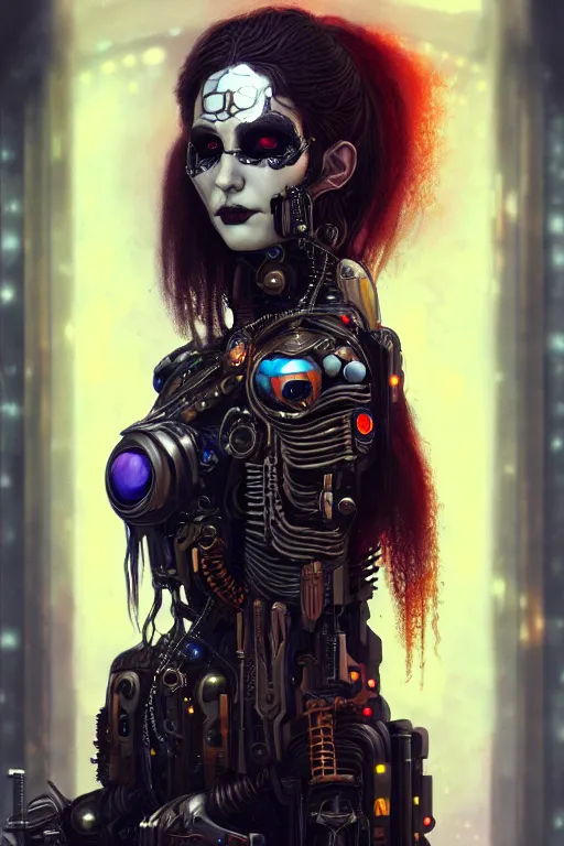 Image similar to portrait of beautiful young gothic cyborg maiden, cyberpunk, Warhammer, highly detailed, artstation, illustration, art by Gustav Klimt