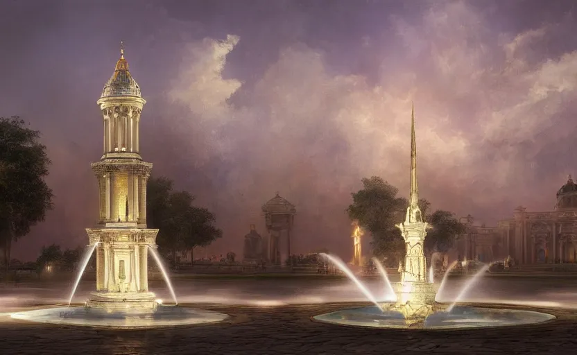 Prompt: a neoclassical tower with dome on a fantasy city, next to a fountain and a mystical palace. by konstantin razumov, fractal flame, chiaroscuro, highly detailded, volumetric lighting