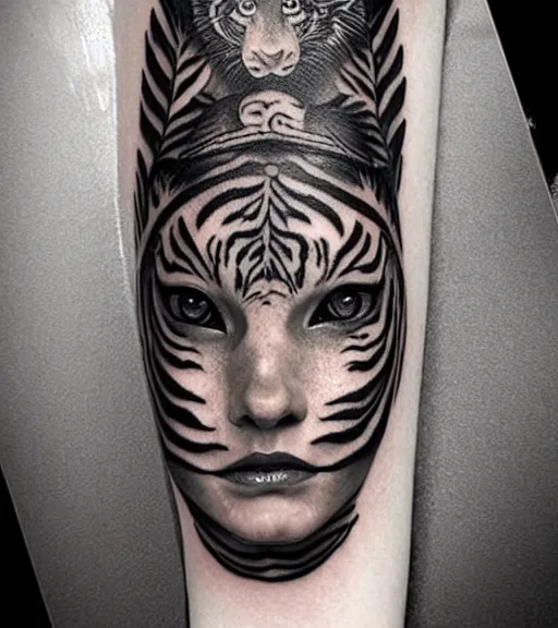 Image similar to tattoo design of a beautiful girl warrior under a tiger head, hyper realistic, realism tattoo, by eliot kohek, beautiful eyes, realistic face, black and white, white background