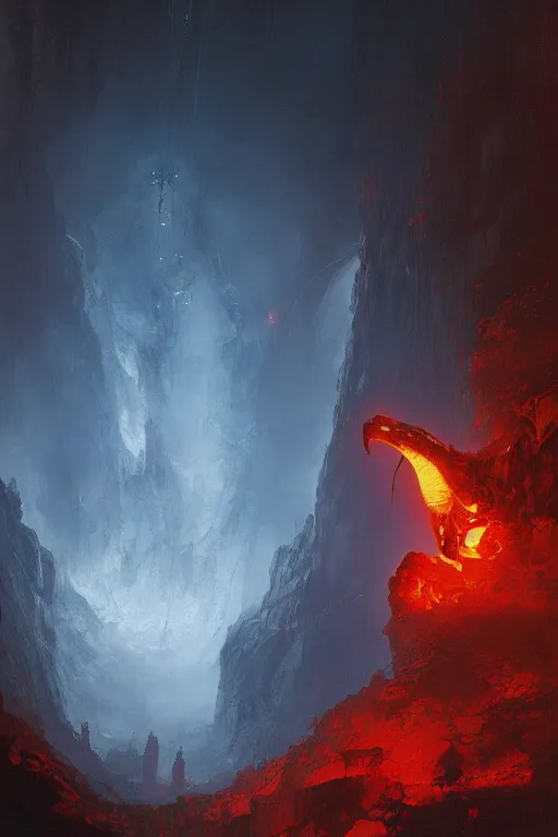 Image similar to looking up at a balrog in a vast cavern, intricate, elegant, highly detailed, john park, frazetta, sparth, ruan jia, jeffrey catherine jones