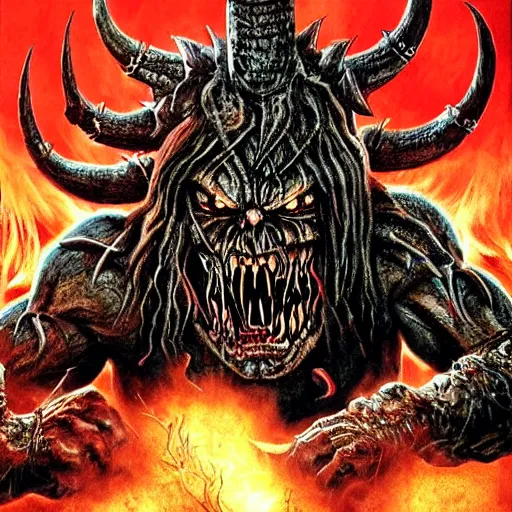 Image similar to big demon with a battle - axe roaring at the screen, heavy metal album cover, demonic, creepy, iron maiden, horror, brutal