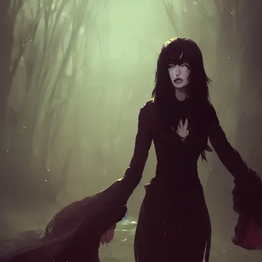 Image similar to female human vampire witch in the style of greg rutkowski, makoto shinkai, trending on artstation, character design, concept art, pretty face, highly detailed, long black hair, portrait, digital art