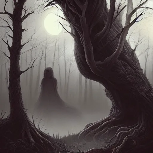 Image similar to a dark ominous forest, dead trees, moonlit, a ethereal ghost emerging from a tree, spooky digital artwork by Artgerm, trending on artstation