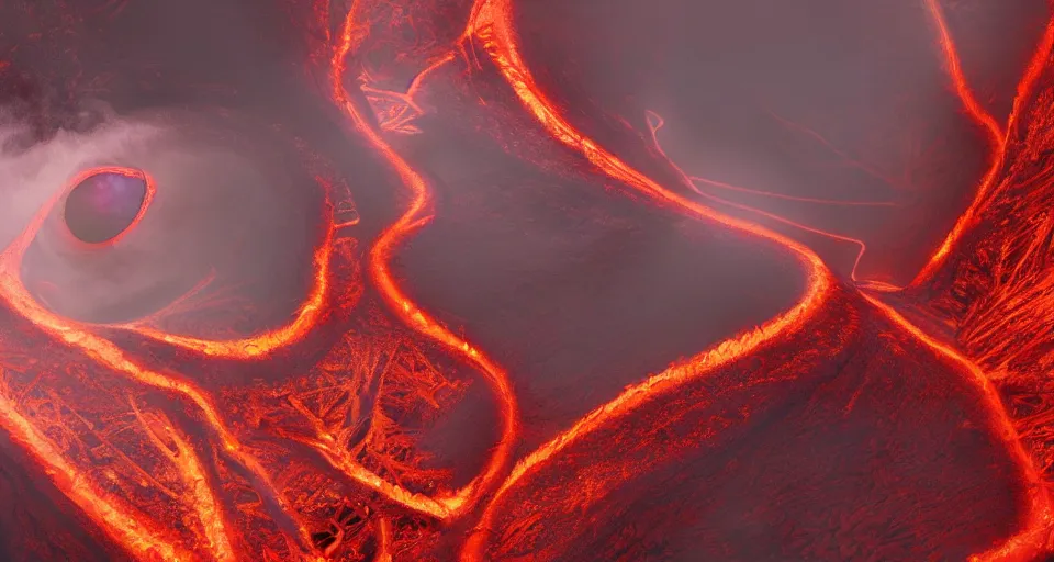 Image similar to a volcano made of ivory vines and crimson rocks enters in eruption, it spits a smoke in the shape of demonic eye, by Pixar Concept Artists