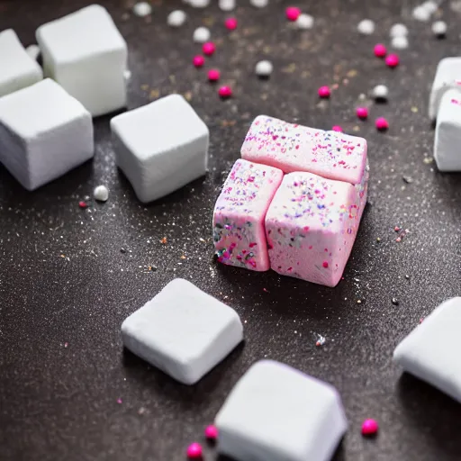 Prompt: photograph of a delicious marshmallow cube with sprinkles on a dark wooden chopping board, pastel colours, professional food photography, photorealistic, depth of field, 4 k, canon 1 d, bohek