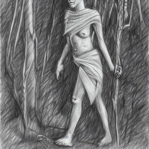 Image similar to bandaged mummy walks through jungle, pencil drawing, high resolution,