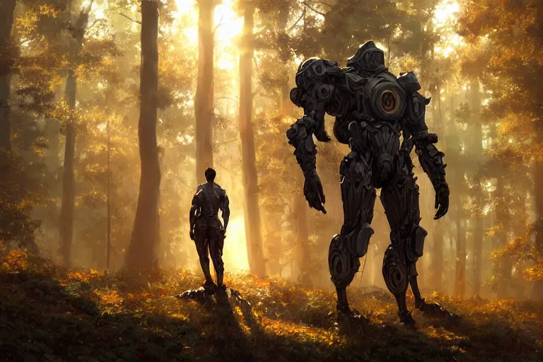 Prompt: detailed intricate digital illustration by greg rutkowski and artgerm and wlop and sanford robinson gifford ; bearded man standing next to his mech suit, standing in yggdrasil forest thick trees ; 1 3 mm film, arri alfa anamorphic lens ; sharp focus, golden hour lighting, gleaming sunlight rays ; trending on artstation 4 k ; close view