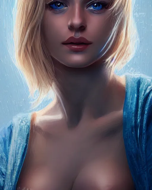 Image similar to closeup of beautiful blonde female with blue eyes, award winning portrait photography, extremely detailed, artstation, 8 k, sensual lighting, incredible art, wlop, artgerm, backlit, rim lighting, hi - fructose, cellshading, intricate lineart