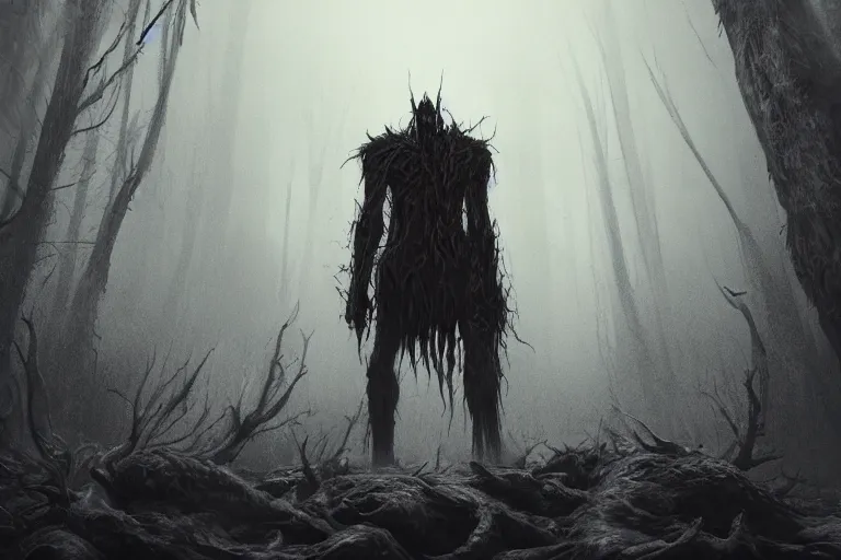 Prompt: a tall humongous angry monster made of flesh and bones, standing faraway in the far distance, elden ring boss, realism, photo realistic, high quality, misty, hazy, ambient lighting, cinematic lighting, studio quality, scary