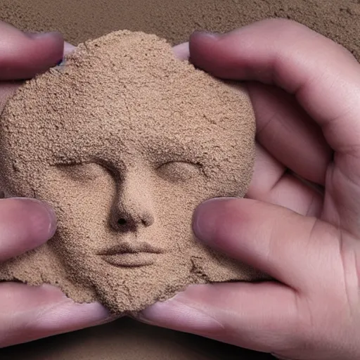 Image similar to hands holding a face made of sand vanishing, photorrealistic, 8 k