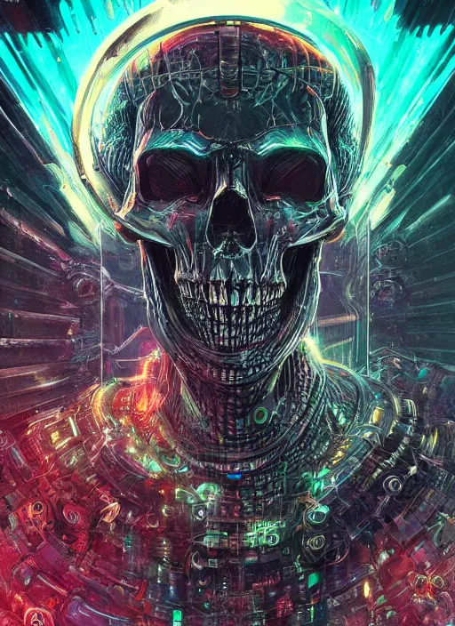 Image similar to a futuristic skull with glowing eyes and a wormhole tunnel cyberpunk art by android jones, featured on artstation, darksynth, synthwave