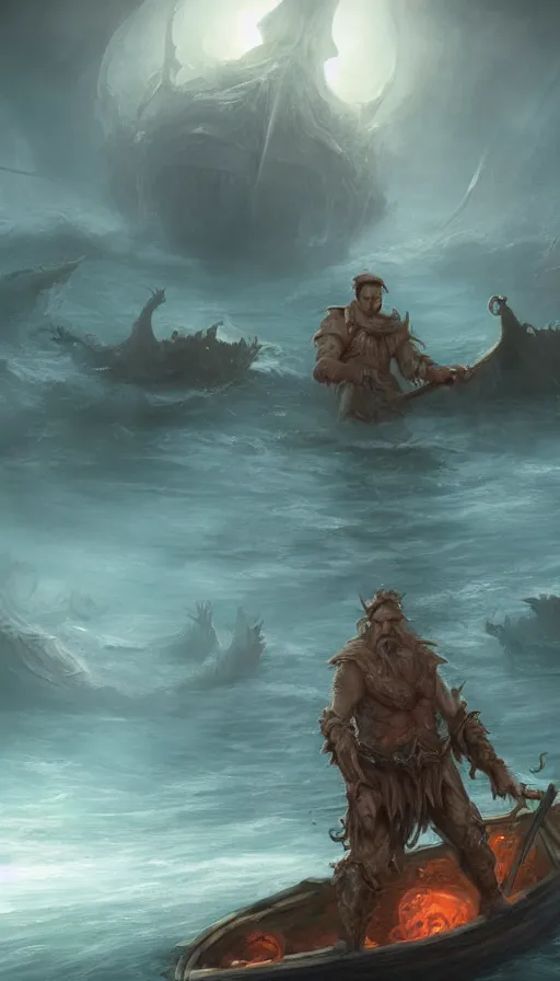 Image similar to man on boat crossing a body of water in hell with creatures in the water, sea of souls, by d & d concept artists