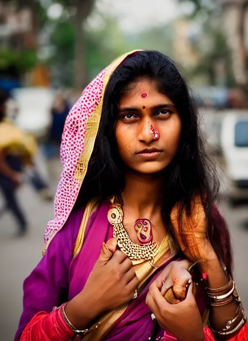 Image similar to portrait Mid-shot of an beautiful 20-year-old Indian woman, candid street portrait in the style of Martin Schoeller award winning