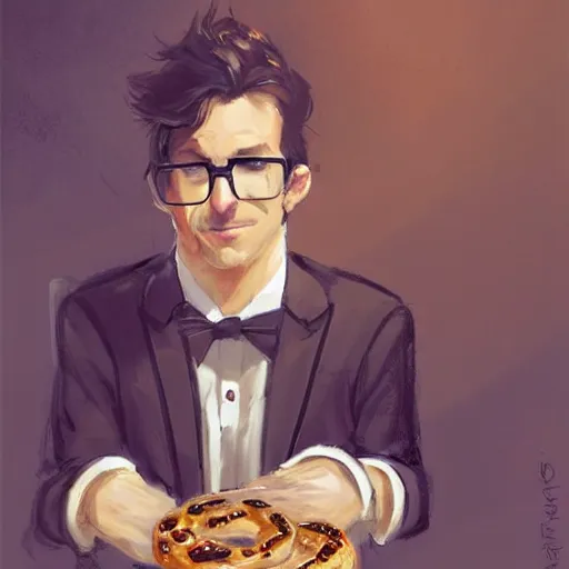 Prompt: a german long brown hair guy with glasses and very short goatee on a tuxedo holding a bagel!, trade offer meme, art by greg rutkowski