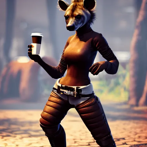 Image similar to A female humanoid hyena with leather clothes drinking coffee, unreal engine, 4k, artstation