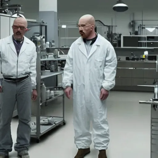 Prompt: a still from breaking bad of elon musk and walter white in a laboratory, 8k