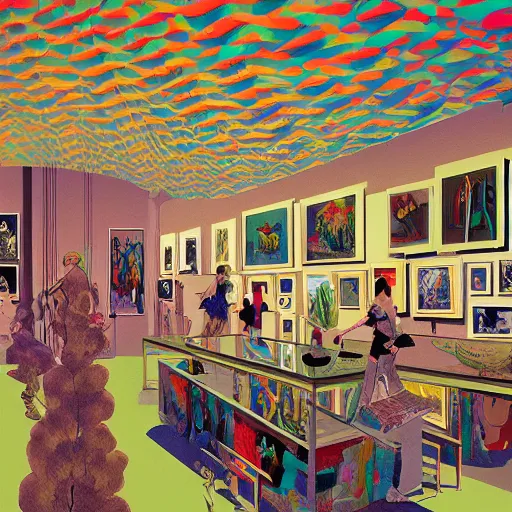 Image similar to digital illustration of modern art gallery, where there is a lot of paintings displayed from various artist, very fashion, displayed on the walls, by Victo Ngai and James Gilleard and Bruce Pennington