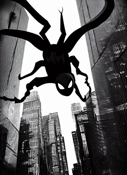 Prompt: black and white angry ugly scary spider - man in a torn suit flies between huge skyscrapers, by tsutomu nihei, black and white, comic, cinematic, no color, detalized cyber new york background