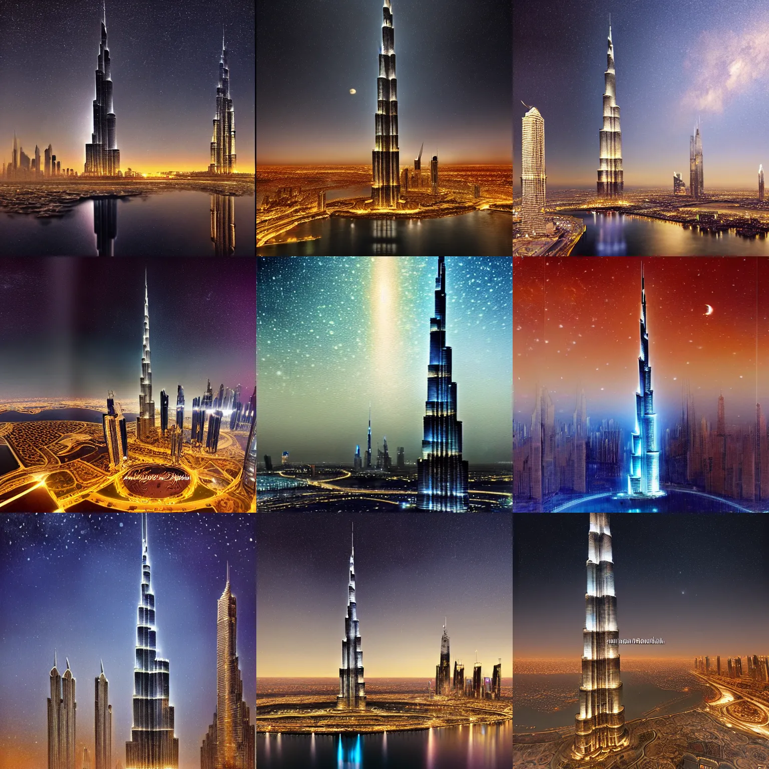 Prompt: a photo of the Burj Khalifa at night with the Milky Way, realistic painting, classical painting, high definition, digital art, matte painting, very detailed, realistic