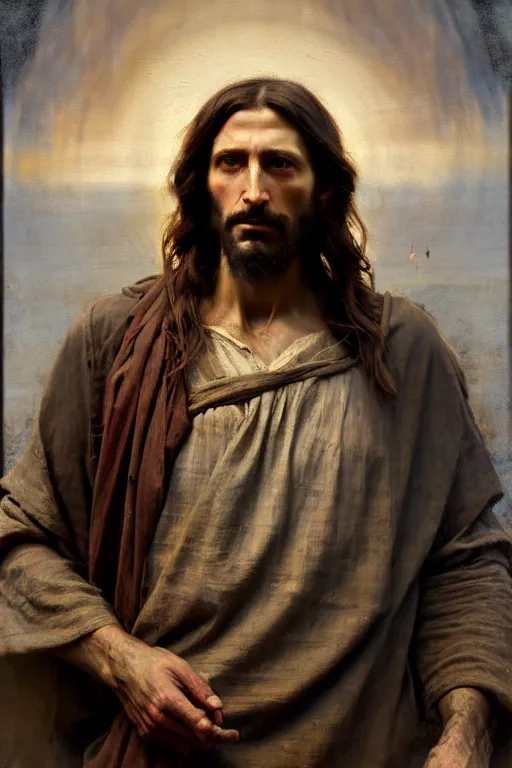 Image similar to photograph imax and solomon joseph solomon and richard schmid and jeremy lipking victorian loose genre loose painting full length portrait painting of jesus