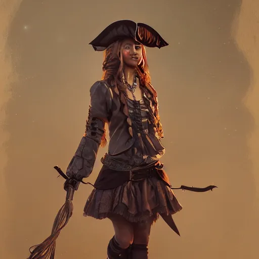 Prompt: detailed full body concept pastel painting of a female pirate in beautifully designed clothing, cinematic lighting, hyperdetailed, cgsociety, 8k, high resolution, Tom Richmond, single face, insanely detailed and intricate, octane render, golden ratio, vfx, postprocessing, freckles, alluring