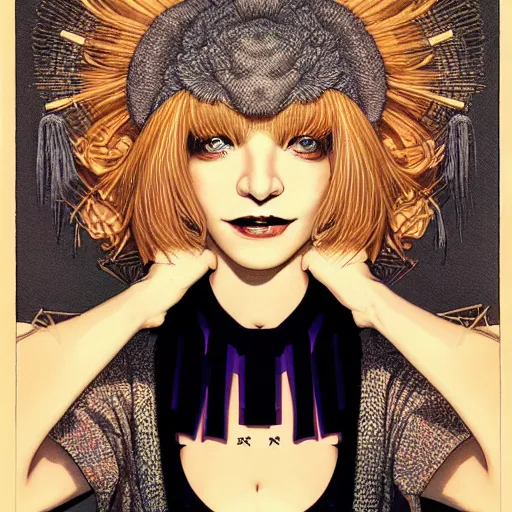 Image similar to portrait of crazy sia kate isobelle furler, symmetrical, glamour, by yoichi hatakenaka, masamune shirow, josan gonzales and dan mumford, ayami kojima, takato yamamoto, barclay shaw, karol bak, yukito kishiro