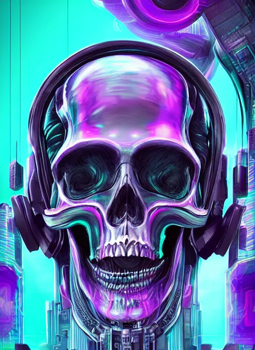 Image similar to album art of a futuristic skull with glowing eyes and a purple background, cyberpunk art by android jones, behance contest winner, computer art, darksynth, synthwave, rendered in cinema 4 d