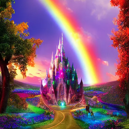 Prompt: arcing pathway of rainbow light leading to a dramatic diamond glass castle in the clouds, volumetric lighting, dusk, faerie lights, electric vibrance, epic composition landscape, photorealism, 4 k inspired by thomas kinkade and ul de rico