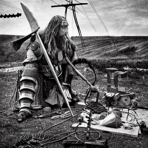 Image similar to wise angle photo of viking in armor working on the mechanical ancient device, tools and junk on the ground,wires and lights, old village in the distance, vintage old photo, black and white, sepia