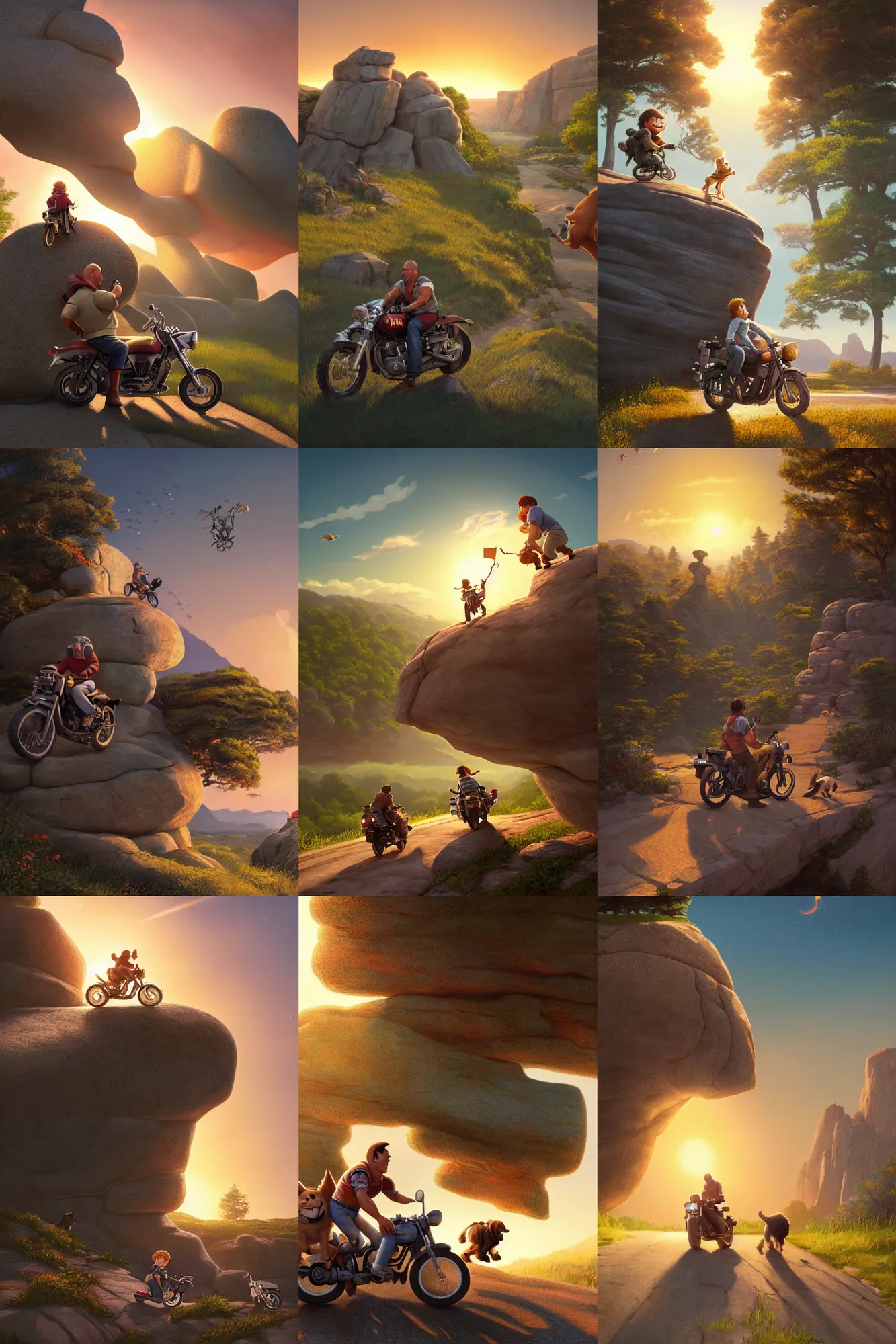 Prompt: a wholesome cottagecore illustration of a happy cartoon Dwayne The Rock Johnson riding his motorcycle into the American sunset with his dog, studio Ghibli, Pixar and Disney animation, sharp, Rendered in Redshift and Unreal Engine 5 by Greg Rutkowski, Bloom, dramatic lighting