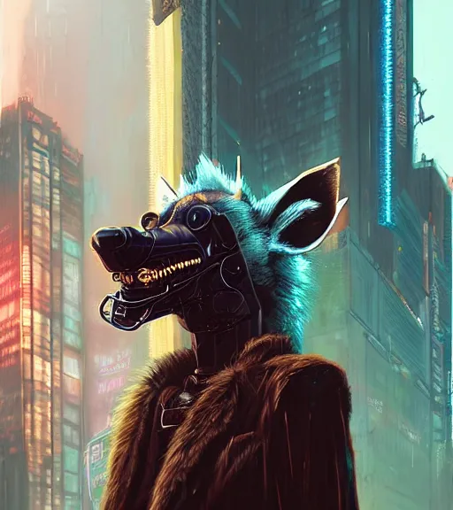 Image similar to new york city portrait of furry anthro anthropomorphic spotted hyena head animal person fursona wearing clothes strange cybernetic muzzle gloomy rainy screenshot from the video game cyberpunk 2077 digital art by Greg Rutkowski, Simon Stalenhag, christopher nolan trending on Artstation, CGSociety