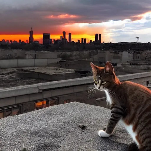 Image similar to cat watches a post apocalyptic city view where the sky is on fire