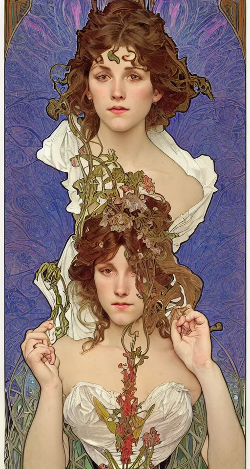 Prompt: beautiful young woman, a full body art nouveau painting of the 4K symmetrical f, ull body portrait of a by Alphonse Mucha, Michael Whelan and Donato Giancola. colorfoul, digital art, fine art with subtle redshift rendering