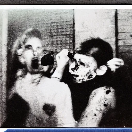 Image similar to a crime scene polaroid photo of a zombie attack