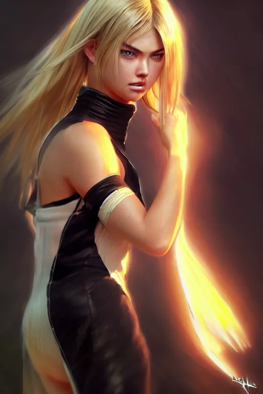 Image similar to Tekken 4 fighter anime Stunning Portrait Kate Upton with long black dress, blonde long hair, in a fighting stance, digital painting, artstation, concept art, soft light, hdri, smooth, sharp focus, illustration, art by tian zi, craig mullins, Mark Arian, WLOP, alphonse mucha