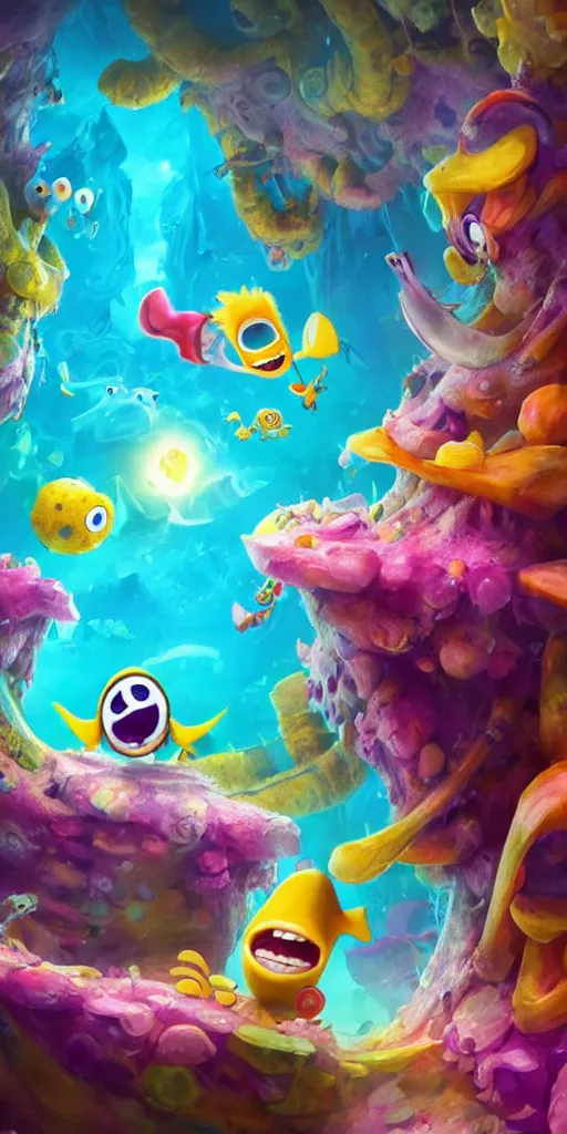 Prompt: rayman and ori in a colorful deep sea cave with strange cute friendly happy creatures with huge eyes, mouth, long tongue and round teeth appearing from sandy coral, in the style of gehry and gaudi, macro lens, shallow depth of field, ultra detailed, digital painting, trending artstation, concept art, illustration, cinematic lighting, photorealism, epic, octane render